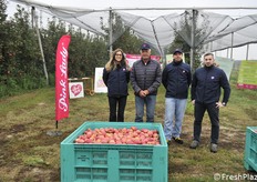 In visita ai meleti e allo stabilimento di lavorazione. Il Pink Lady Day 2022 presso Granfrutta Zani si è svolto giovedì 10 e venerdì 11 novembre. Alcune decine di studenti dell'Istituto professionale per l'agricoltura "Persolino" hanno potuto vedere da vicino, e imparare, la filiera della Pink Lady. Nella foto, poco prima dell'arrivo degli studenti, da sinistra Silvia Montanari (Granfrutta Zani), Giuseppe Sisti (produttore), Alessandro Paganini e Lorenzo Donati, entrambi di Granfrutta Zani (fotoservizio Cristiano Riciputi)