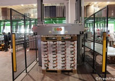 Palettizzatore automatico della Sorma Group, che assicura a fine lavoro una pedana perfettamente palettizzata.