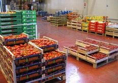 Cassette di frutta e verdura all'interno di uno stand.