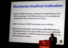 Per quanto riguarda la produzione mondiale di kiwi, si stima che le superfici complessive siano raddoppiate dagli anni '90 ad ora, passando da 70.000 a 140.000 ettari. La metà di esse si trova in Cina. Mentre la produzione, dal 2000 a oggi, e' raddoppiata (da 200.000 a 400.000 ton), soltanto 10.000 ettari sono destinati alla produzione del tipico kiwi verde di varieta' Hayward.