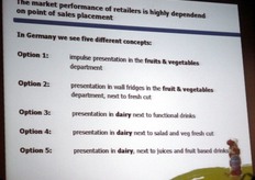 La presentazione nel punto vendita e' di fondamentale importanza per un prodotto. In Germania due delle alternative maggiormente adottate sono quella dei frigoriferi piani, per dare maggiore possibilita' al consumatore di vedere da vicino il prodotto, e quella dei frigoriferi a muro, che lasciano al consumatore una maggiore possibilita' di scelta.