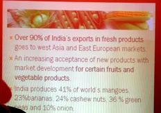 Il 90% delle esportazioni ortofrutticole indiane va sui mercati dell'Asia occidentale e dell'Europa dell'Est. L'India e' uno dei principali paesi produttori di banane, mango, cipolle e piselli verdi, ma ha anche bisogno di importare molti prodotti, per integrare il proprio assortimento di frutta e verdura.