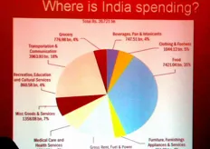 La torta indica le principali voci di spesa nell'ambito del consumo indiano. L'alimentare fa la parte del leone, assorbendo ben il 35% della spesa.