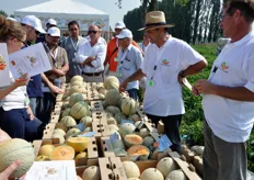Vanes Montanari e Frederic Taurignan (De Ruiter) si apprestano ad illustrare ai partecipanti le caratteristiche tecniche delle selezioni varietali di meloni Cantalupo.