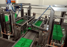 Un macchinario a duplice braccio meccanico de-pallettizza le pile di cassette, deponendole una ad una lungo un nastro trasportatore.