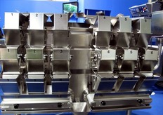 Pesatrice lineare a combinazione Serie C4. La Serie C4, a differenza delle tradizionali pesatrici multiteste, dispone di canali di pesatura paralleli perfettamente alimentati da due piatti di caricamento vibranti. Pesa, infatti, ad elevata velocità e precisione prodotti fragili e delicati.