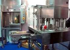 Sulla sinistra, la macchina pelatrice semiautomatica dedicata alla pelatura di meloni ed ananas. Grazie ad un meccanismo meccanico, permette anche la detorsolatura dell’ananas conformemente alle richieste del cliente. Sulla destra, segmentatrice e detorsolatrice universale.