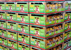 "Pallet di prodotto a marchio "Fresco Gusto", pronto alla spedizione."