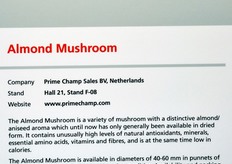 "Prime Champ (Olanda): "Mandelpilz" (Almond Mushroom), funghi champignon al sapore di mandorla."