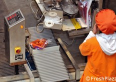 Dettaglio di una pesatura di controllo per ogni singolo sacchetto, per evitare scostamenti dal peso garantito.