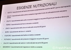 Per quanto riguarda tutti gli altri nutrienti, la slide mostra una sintesi delle esigenze nutrizionali della zucchina Dunja. Ne emergono indicazioni molto utili; ad esempio, nel caso dell'azoto, dato l'assorbimento in calo che la pianta di Dunja manifesta dopo il 60mo giorno dal trapianto, e' perfettamente inutile (e inutilmente costoso) apportare azoto dopo questa fase nelle pratiche colturali in campo.
