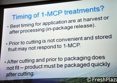 Si e' testato l'utilizzo di 1-metilciclopropene in diverse fasi: sui frutti od ortaggi interi poco prima della raccolta, su frutti od ortaggi poco prima del processo di taglio oppure subito dopo. Il timing e' risultato un fattore importante per l'efficacia del trattamento per preservare la compattezza dei prodotti.