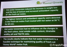 Le conclusioni dello studio. In Thailandia, tra parentesi, il trattamento dei meloni Honeydew in acqua calda e' l'unica tecnologia post-raccolta praticabile dagli agricoltori locali, che sono assai poveri.
