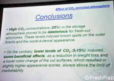 Diverse composizioni atmosferiche sono state testate. In questa slide, le conclusioni derivanti dall'impiego di alte concentrazioni di anidride carbonica (CO2 al 25%). Questa composizione atmosferica si e' rivelata deleteria per i carciofi fresh-cut. Decisamente migliori i risultati ottenuti mediante bassi livelli di CO2 (5-15%).
