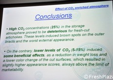 Diverse composizioni atmosferiche sono state testate. In questa slide, le conclusioni derivanti dall'impiego di alte concentrazioni di anidride carbonica (CO2 al 25%). Questa composizione atmosferica si e' rivelata deleteria per i carciofi fresh-cut. Decisamente migliori i risultati ottenuti mediante bassi livelli di CO2 (5-15%).