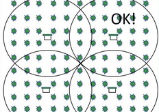 Nell'immagine la distribuzione consigliata delle arnie nel frutteto, per avere il massimo rendimento di bottinatura dei bombi. Sono evidenti le aree di lavoro di sovrapposizione tra le arnie.