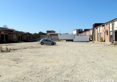 In lontananza si vede uno dei pilastri che servono per la copertura giacere a terra nella sterpaglia. Si notano anche dei container refrigerati utilizzati come celle frigorifere.