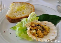 Il menu comprende: antipasto di pane bruschettato con scorza di limone e cozze gratinate al limone.