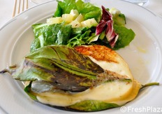 Scamorza cotta in foglie di limone, olio e sale.