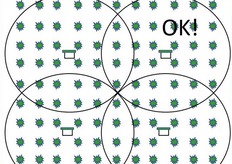 In foto la distribuzione consigliata delle arnie nel frutteto, per avere il massimo rendimento di bottinatura dei bombi. Sono evidenti le aree di lavoro di sovrapposizione tra le arnie.