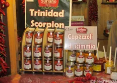 "Tra i vasetti aziendali, quelli a base di peperoncini "Trinidad Scorpion" e "Capezzolo di scimmia"."