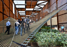 L'insolito accesso su una rete al Padiglione del Brasile, esteso su uno spazio complessivo di 4133 metri quadri.