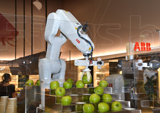 "Il braccio robotico di YuMi (nome che sta per "you and me"), con la capacità di maneggiare mele e fogli di cartone. Il suo compito, al banco della frutta del Future Food District, e' stato quello di confezionare i prodotti in scatole di materiale ecologico per poi collocarli in un'area self-service dove potevano essere acquistate dai visitatori."