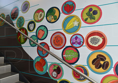 Sulla scalinata che collega il primo al secondo piano del Padiglione Ecuadoriano, una schematizzazione delle produzioni principali del Paese, a seconda della loro zona pedoclimatica.