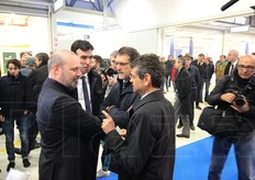 Da sinistra Stefano Bonaccini, presidente della Giunta regionale dell'Emilia Romagna, Maurizio Martina, ministro delle Politiche Agricole, Virginio Merola, sindaco di Bologna, Andrea Segre', presidente del Caab.