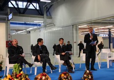 Sul palco durante la cerimonia. Da sinistra a destra: Stefano Bonaccini, presidente della Giunta regionale dell'Emilia Romagna, Virginio Merola, sindaco di Bologna, Andrea Segre', presidente Caab, e Alessandro Bonfiglioli, direttore generale del Caab.
