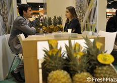 Ananas in fiera. Tanta la frutta tropicale esposta.