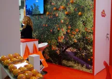 L'Italia è tra i principali Paesi mediterranei produttori di agrumi. In foto, lo stand del marchio siciliano di arancia rossa Rosaria, promosso dall'omonima Organizzazione di Produttori.