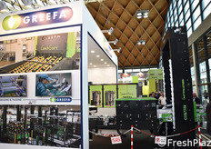 Visione d'insieme dello stand Greefa, ditta olandese specializzata in controllo qualita', elaborazione software, macchine per imballaggio, impianti di cernita e movimentazione bins.