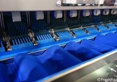 In questa versione della macchina Sorma (che si basa su un precedente modello per la pesatura e il confezionamento delle patate), le superfici di contatto con le mele sono state ammortizzate da materiale che assorbe gli urti. Sono stati anche inseriti dei rulli per rallentare la velocità alla quale frutti delicati come le mele entrano sui nastri trasportatori.